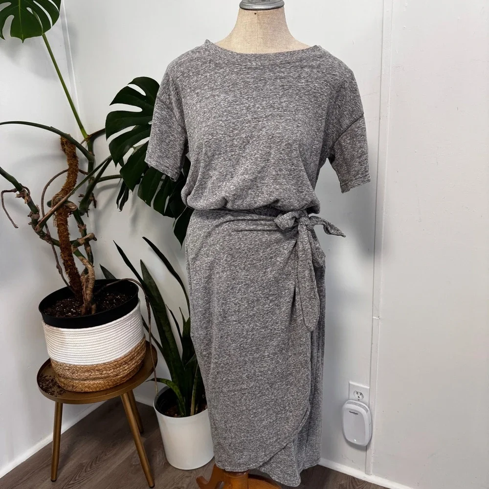 Free People FP Beach Midi Dress Womens XS Grey‎ Tie Waist Short Sleeve Heathered